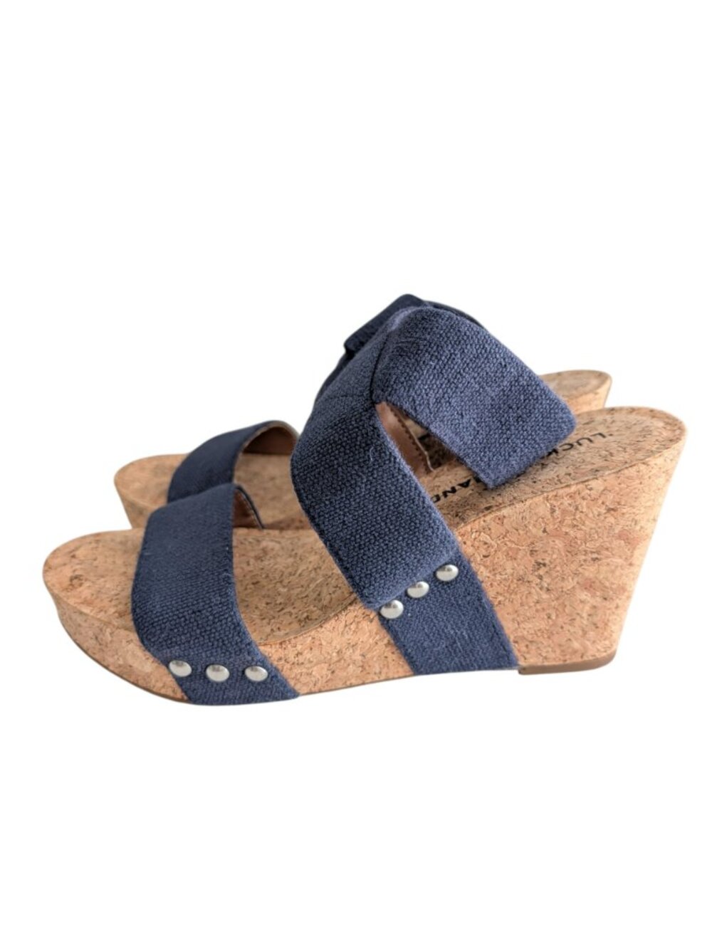 Lucky Brand Maxyne Canvas Cork Wedge Stretch Sandals Shoes Navy Size 6.5M